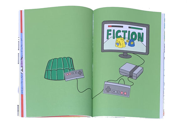 illustration of computer screen and game controllers, "FICTION" appears on the screen