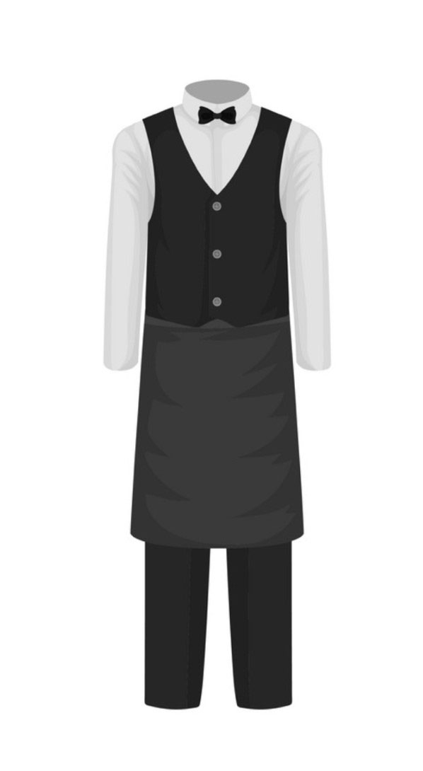 waiter uniform, black tie and vest, white shirt
