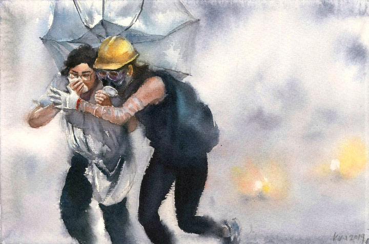 watercolor painting of protestors running from tear gas cloud