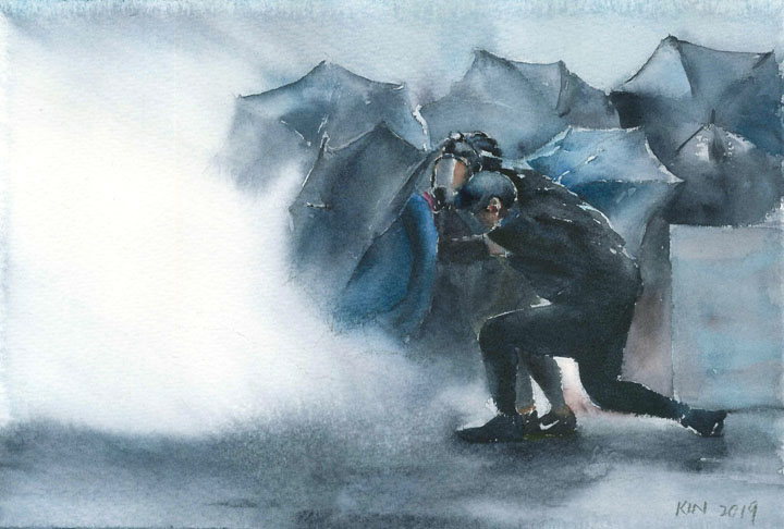 watercolor of two protestors kneeling before a crowd of umbrellas in a cloud of tear gas