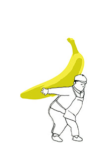 drawing of a man in a cap carrying a giant banana on his back