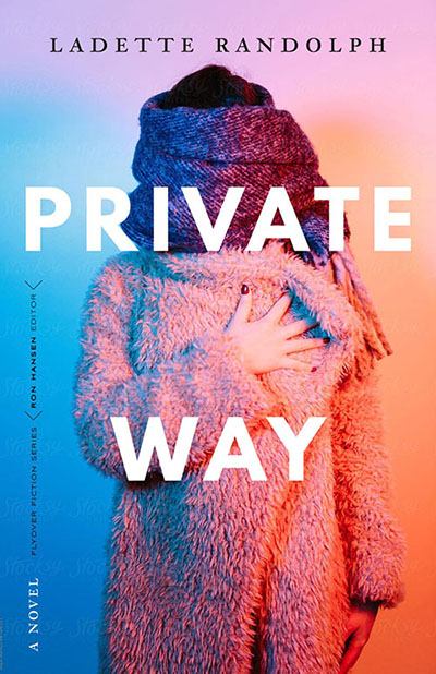 blue, pink, and orange book cover featuring woman wearing fuzzy coat and scarf with face obscured